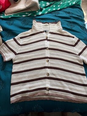 1. State Cream and Brown Striped Crochet Button-Up Shirt